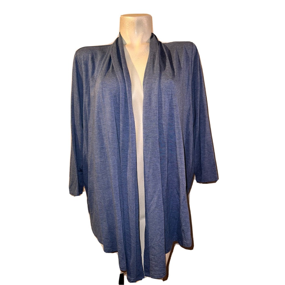 Chicos Zenergy Jacket Size XL 3 Blue Drape Back 3/4 Sleeve Cardigan Open Front